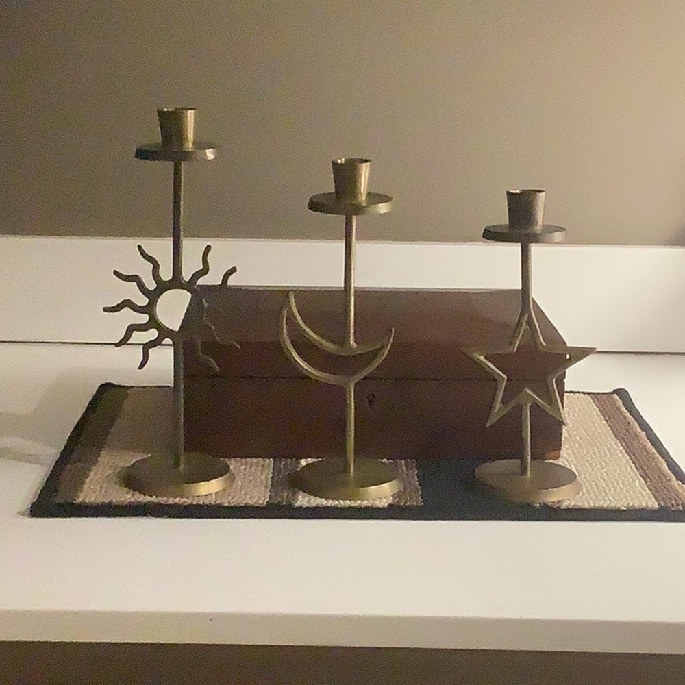Set of three Celestial themed candlesticks. Made of forged bronze medal